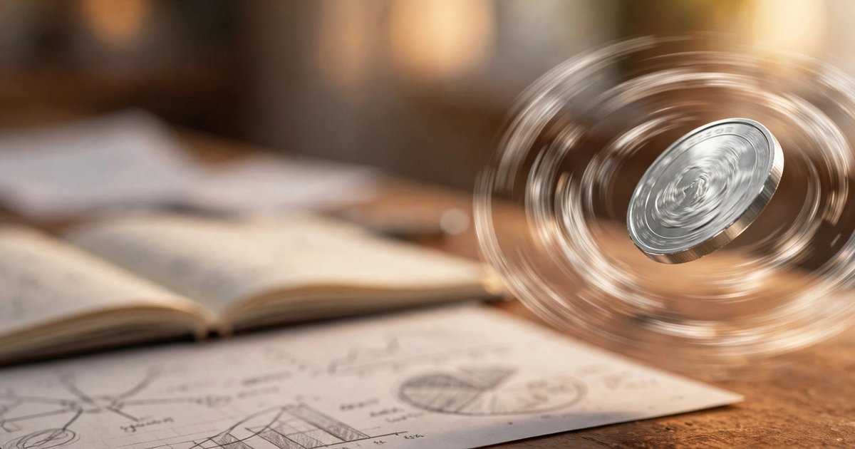 A coin spinning in the air above probability notes and charts