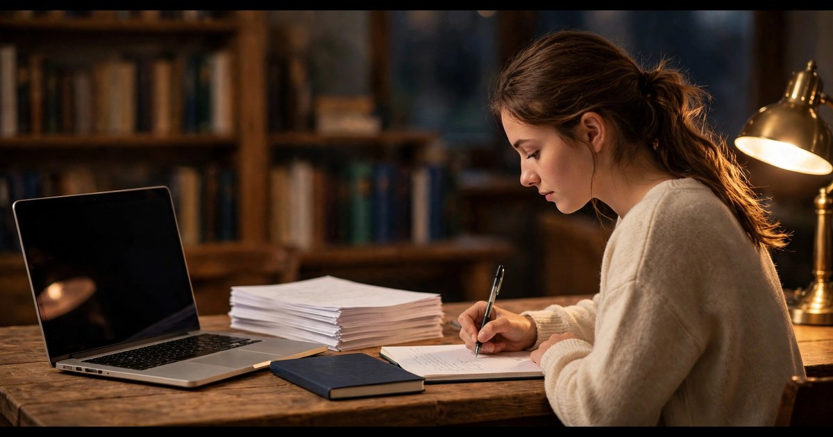 University student writing a dissertation at a desk with a laptop and a stack of printed thesis pages