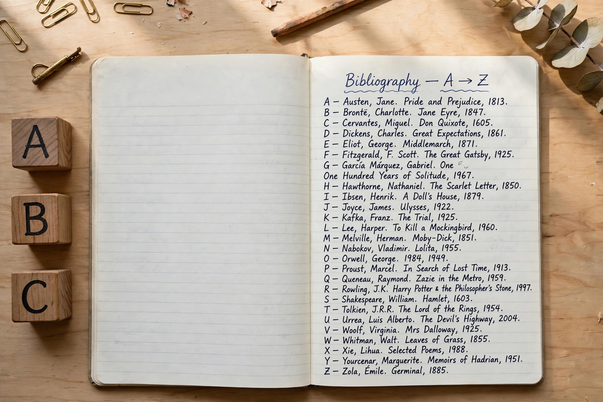 How to alphabetize citations in MLA and APA format Handwritten bibliography list sorted alphabetically on notebook paper